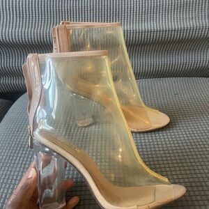 Clear Peep-Toe Booties in Nude - Fashion Heels